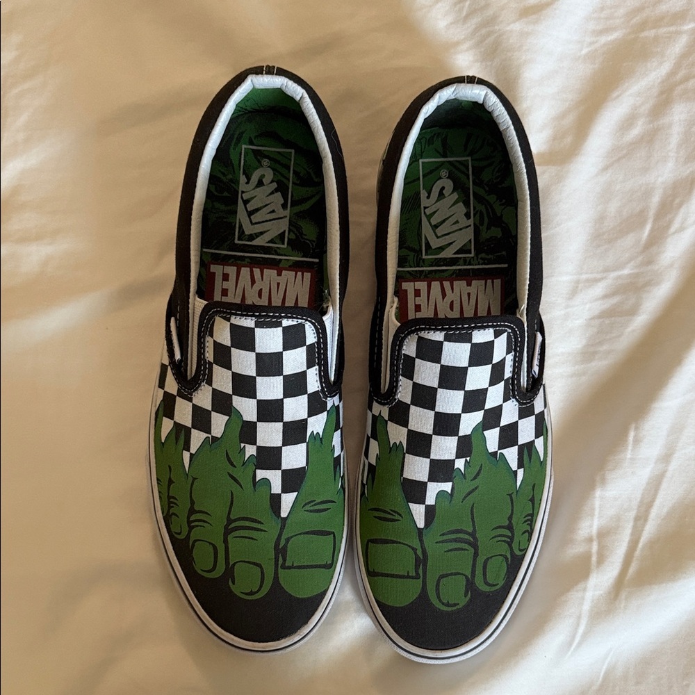 Vans “Hulk” Marvel Men’s Slip-On Sneakers - Green and Black Checkered